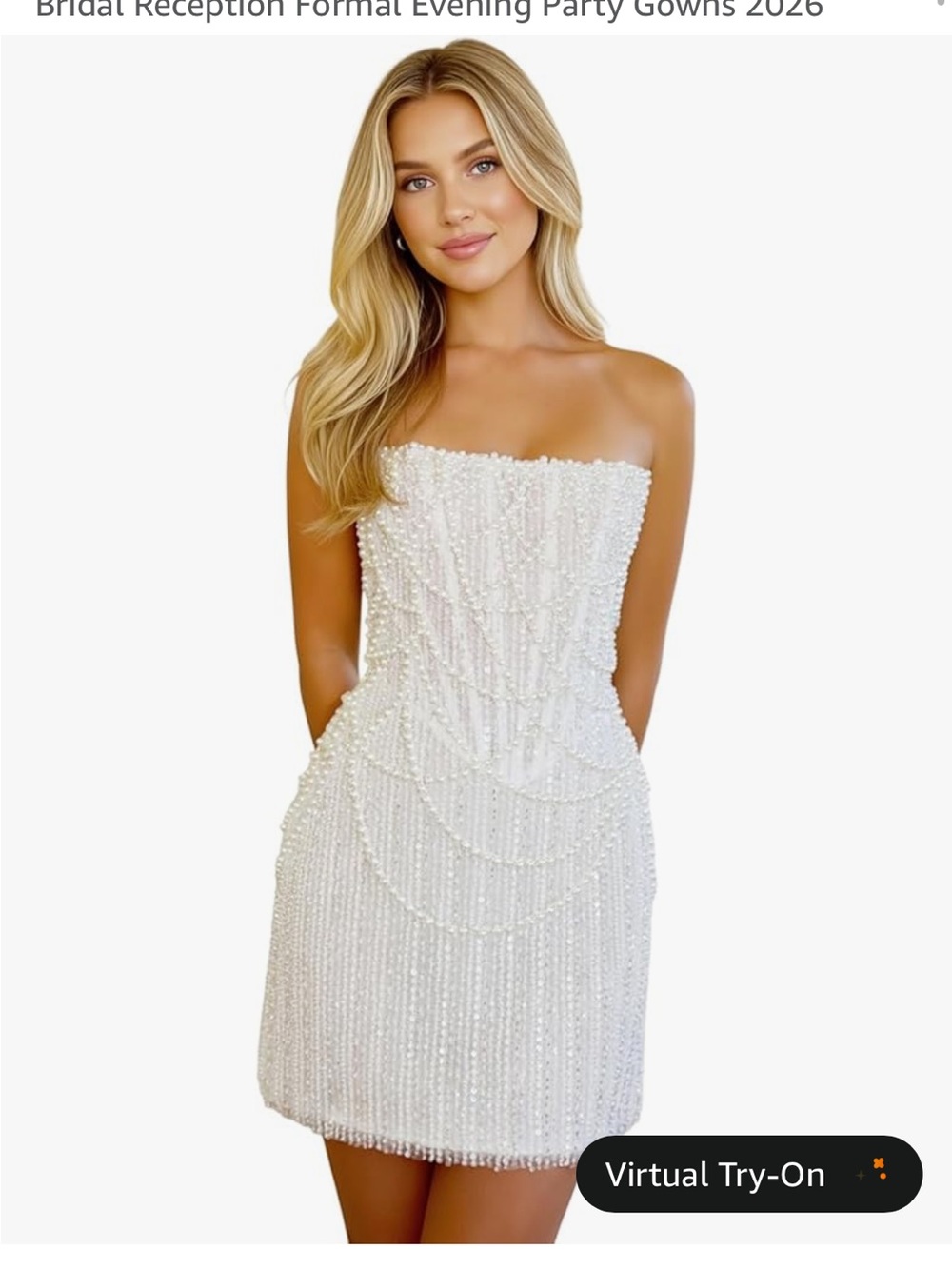 Amazon White Strapless Beaded Mini Wedding Dress